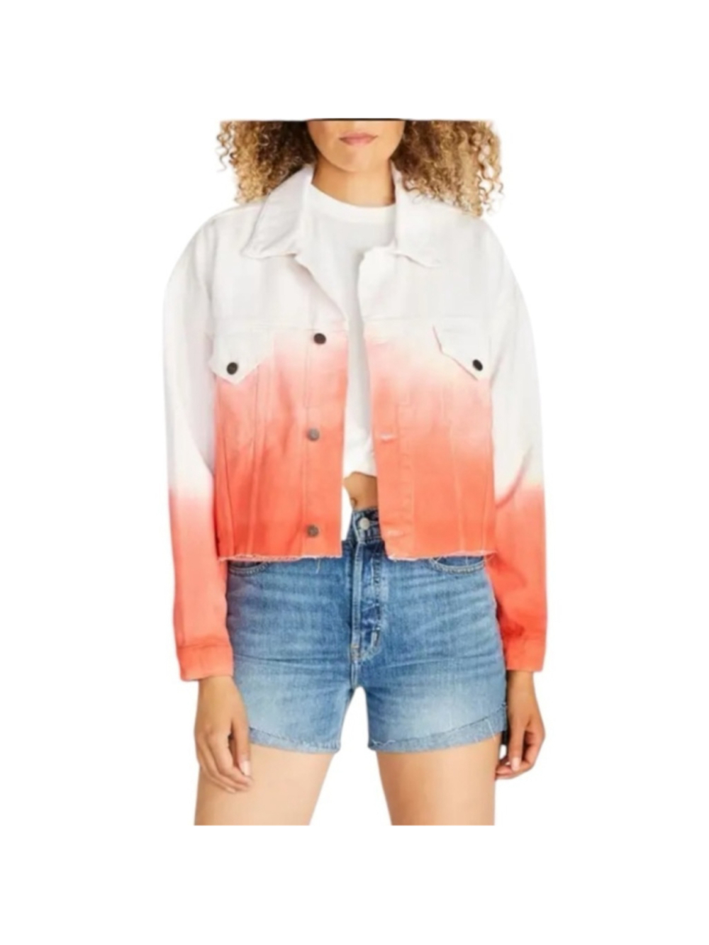 NWT Etica Sz S Elena Crop Jacket High Tide Coral Raw Trucker Jean Jacket